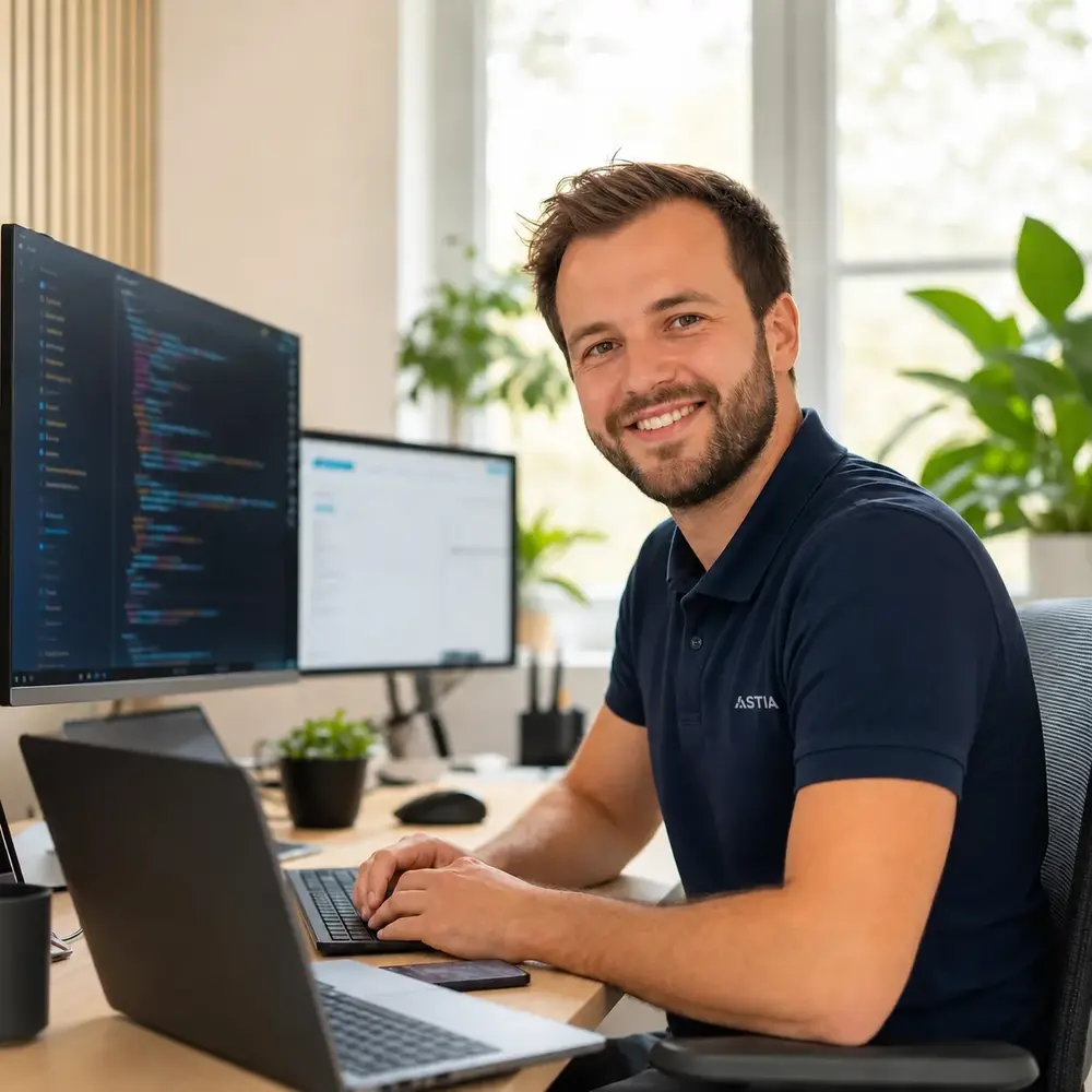 Ondernemer werkt zorgeloos op zijn laptop dankzij IT-beheer van ASTIA