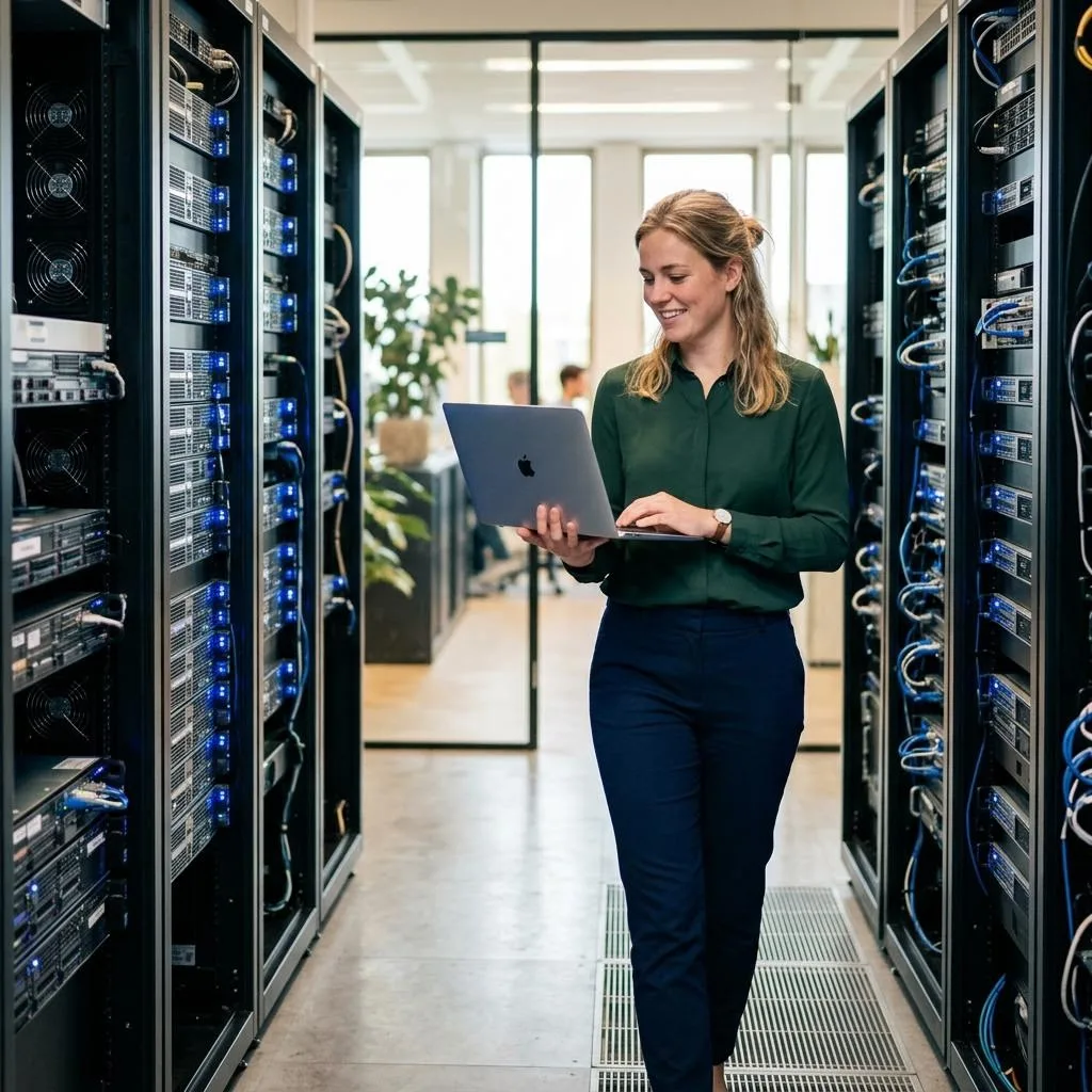 ASTIA-engineer controleert cloudinfrastructuur in het datacenter voor veilige clouddiensten